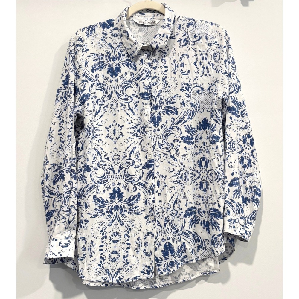 Big Dart Womens Top Button Up XL Damask Print Long Sleeve Nautical Modest 20984